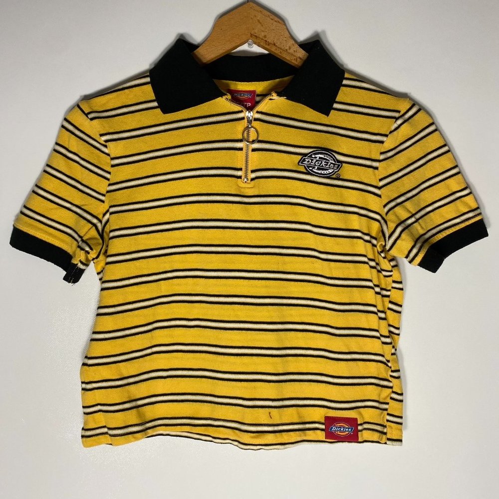 Dickies Womens Top Cropped Striped Quarter Zip Polo Tee Yellow Sz XS